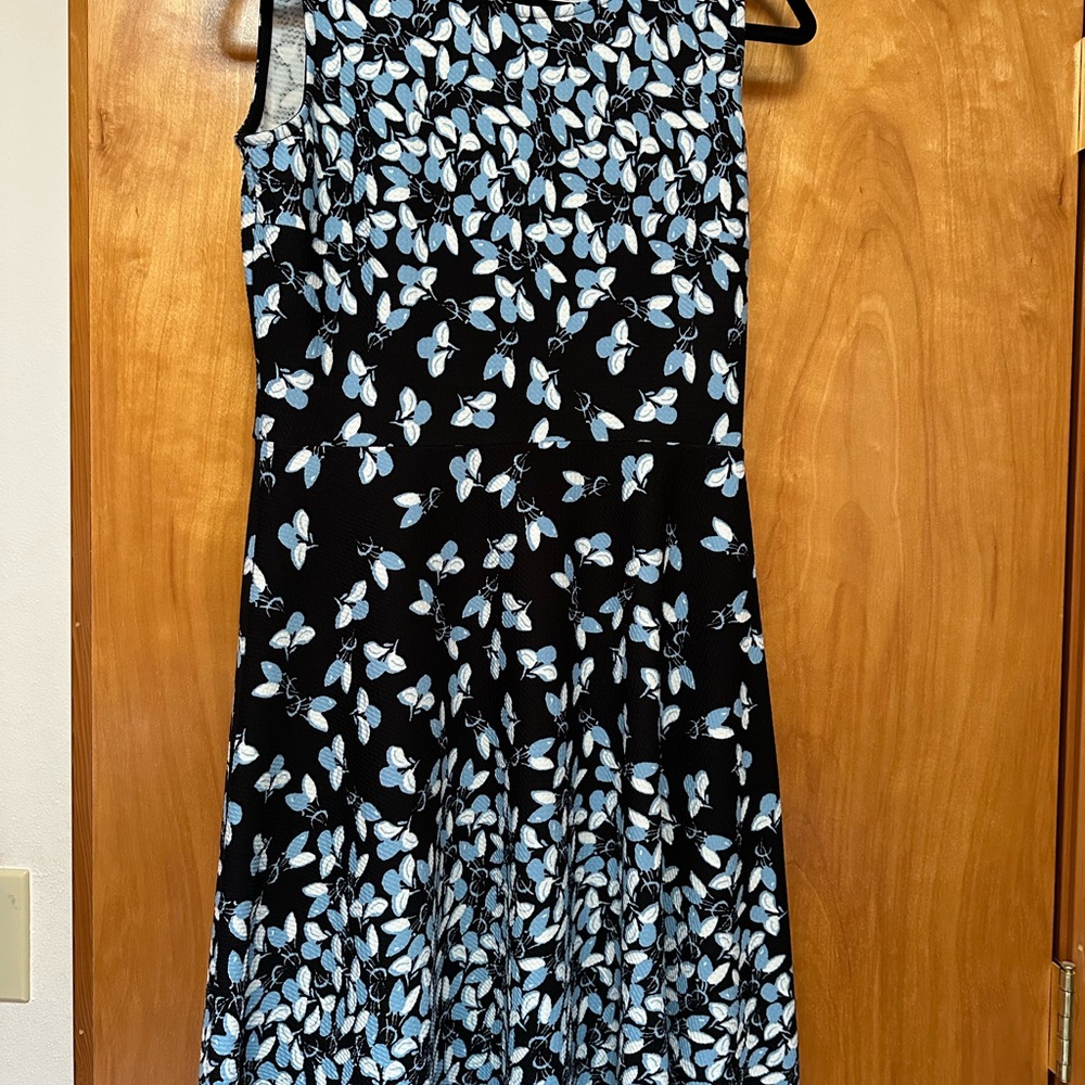 Leota Black Dress with Blue and White Leaf Motif